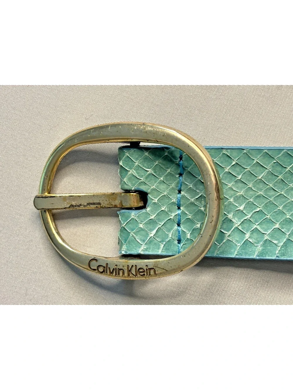 Vintage 1990's Calvin Klein Teal Snakeskin Oval Eyelets Belt 39